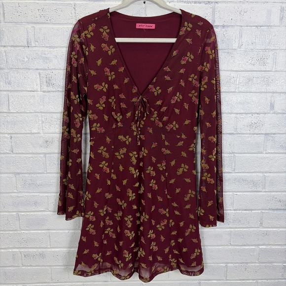 Betsey Johnson Dresses & Skirts - Betsey Johnson Dress Womens S Burgundy Floral Mini Sheer Mesh Flare Sleeve